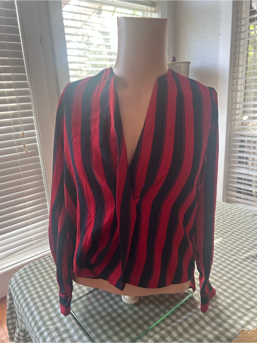 Urban Outfitters Red and Black Vertical Stripe V-Neck Blouse